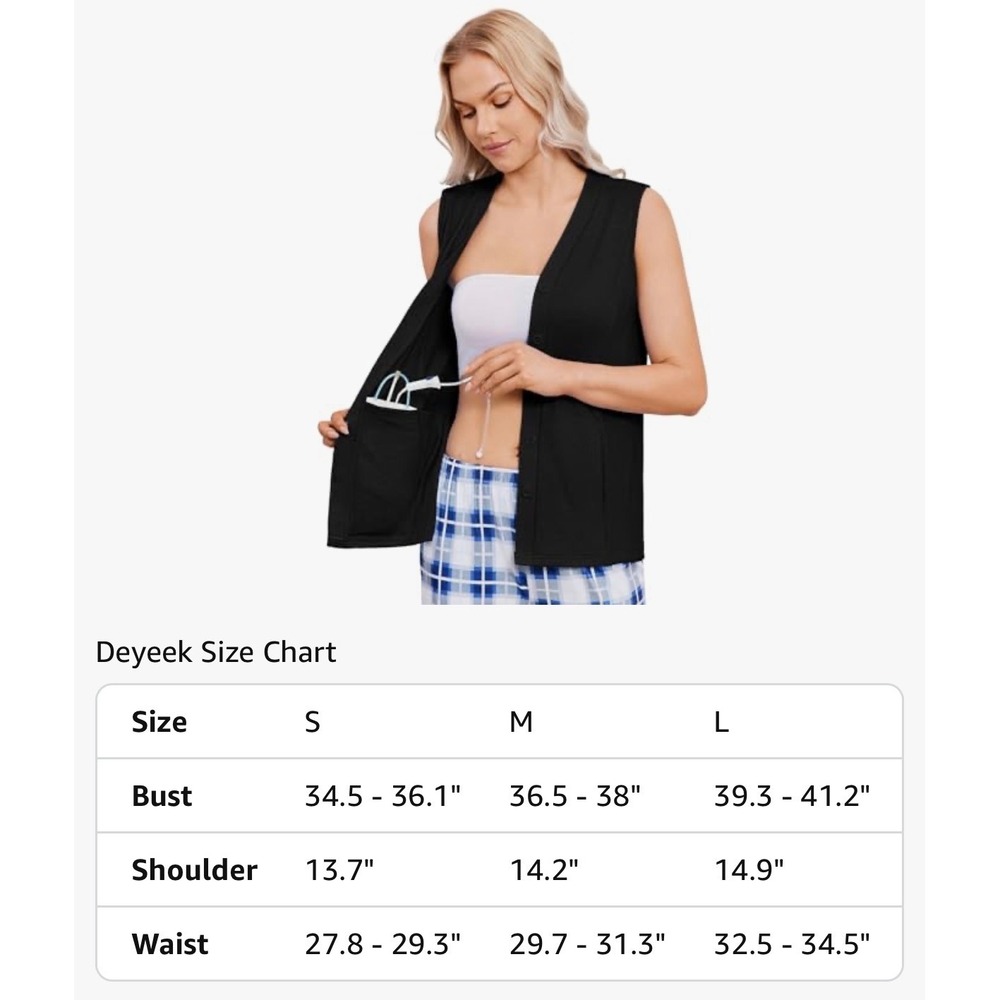 (2) Deyeek Women Post Surgical Recovery Top Black Drain Pockets Small Sleeveless - Picture 3 of 10